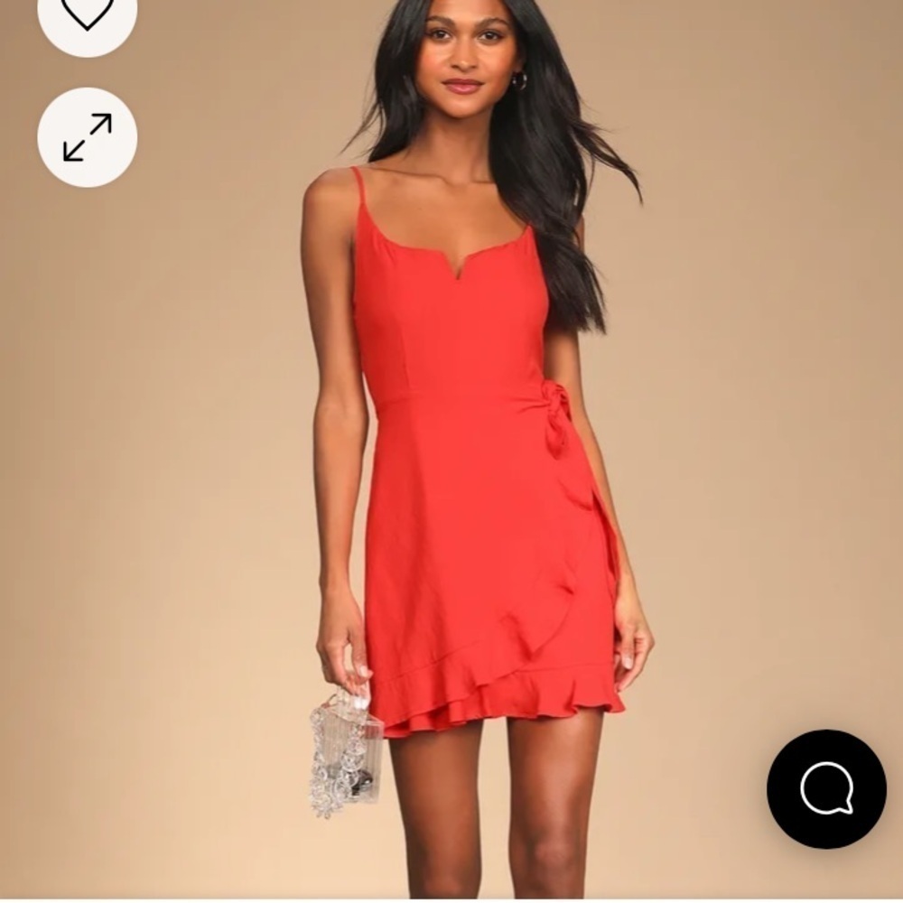 Lulus Sunny Oasis Coral Ruffled Faux-Wrap Mini Dress NWT